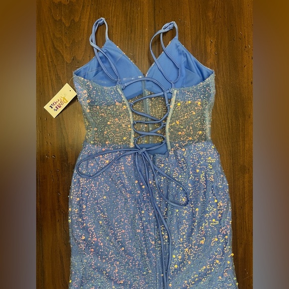 Dear Moon Juniors Periwinkle Illusion Corset Feather Skirt Gown Size 13 Sequins - Picture 5 of 16